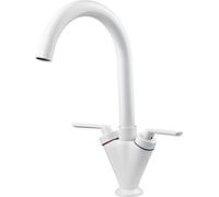 Xcel Home™ Swan Neck White Kitchen Sink Tap with Hoses Standard Fittings | Dual/Double Levers | Solid Brass | Deck Mounted 360 Degrees Swivel Spout Mixer Monobloc Luxury Faucet | 1 pc