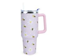 Xchearser 40 oz Cute Daisy Bee Tumbler with Handle and Straw, Stainless Steel Insulated Cup with Lid and Straw, Travel Mug Water Bottle, Gifts for Women