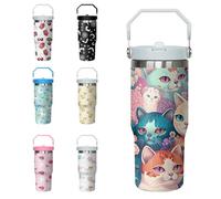 Xchearser Tumbler with Handle and Flip Straw for Women Men, 30oz Cute Cat Stainless Steel Insulated Cup, Water Bottle Travel Coffee Mug, Gifts for Animal Lovers