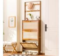 XCHSXYL Modern Natural Rattan Coat Rack with 3 Flip Drawers Free Standing 3Tier Shoe Storage Rack for Heels and Slippers Entrance Hallway Entryway Organizer (3 Drawers)