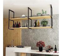 XCHSXYL Rustic 2 Tier Hanging Wine Glass Rack Wall Mounted Solid Wood Shelf with Wrought Iron Ceiling Floating Bottle Storage Organizer for Kitchen and Bar Space Saving Wine Glas