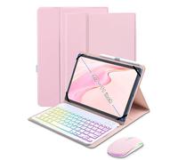 XCHYTECHER Universal Tablet Keyboard Case for 9.7",10.1",10.2",10.5",10.9",11" iPad Samsung Fire Pixel Android 10.1 inch Tablets, 7 Color Rainbow Backlit Removable Keypad with Pen Holder(Pink) + Mouse