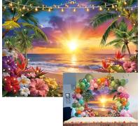 XCKALI Beach Sunset Backdrop Summer Hawaiian Tropical Beach Ocean Flowers Palm Tree Photography Hawaiian Sunset Luau Aloha Birthday Baby Shower Party Decoration 8x6FT