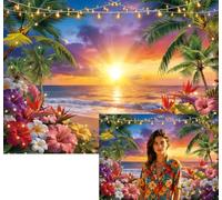 XCKALI Beach Sunset Backdrop Summer Hawaiian Tropical Beach Ocean Flowers Palm Tree Photography Hawaiian Sunset Luau Aloha Birthday Baby Shower Party Decoration 6X4FT