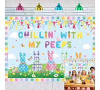 XCKALI Chillin with My Peeps Backdrop Spring Easter Colorful Eggs Bunny Chicken Party Indoor Outdoor Home Decorations (7x5ft)