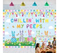 XCKALI Chillin with My Peeps Backdrop Spring Easter Colorful Eggs Bunny Chicken Party Indoor Outdoor Home Decorations (8x6ft)