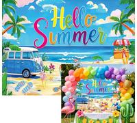XCKALI Hello Summer Backdrop Hawaiian Beach Tropical Ocean Palm Tree Seaside Scene Party Decortion Aloha Luau Summer Birthday Party Photo Booth Banner 6X4FT