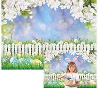 XCKALI Spring Easter Backdrop Hello Spring Green Grass Flower Stand Fence Photography Background Colorful Eggs Happy Easter Day Baby Children Party Decoration 7x5FT