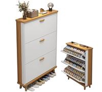 XCLOOZGL Narrow Hidden Shoe Organizer With 3 Flip Drawer Vertical Shoe Storage Organizer Solid Wood Legs Shoe Rack Ultra-Thin Shoe Cabinet,For Hallway Closet Living Room Entryway,White,50*24*118cm