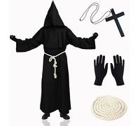 XCMVCN Monk Costume Medieval Renaissance Robe, Adult Men Hooded Monk Robe Priest Costume with Cross Necklace, Gloves and Cord, Halloween, Carnival and Role Play Costumes (Black, S)