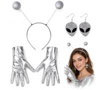 XcnPer 3Pcs Space Themed Fancy Dress Kit, Silver Glitter Ball Boppers Alien Headband, Matching Gloves & Earrings, Space Costume Accessories for Adult Women, Ideal Halloween & Cosmic Party Supplies