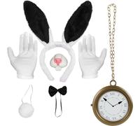 XcnPer 7Pcs Halloween White Rabbit Costume, Black Bunny Costume Set - Complete Rabbit Ear Headband,Tail, Bow Tie, Nose & Gloves Kit for Kids & Adults, Perfect for Wonderland Themed Parties & Cosplay