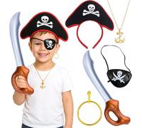 XcnPer Pirate Costume Kids, 5-Piece Set for Dress-Up and Role Play, Complete Pirate Accessories for Halloween and Birthday Parties, Includes Eye Patch, Earrings, Sword, Necklace and Headband
