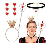 XcnPer Queen of Hearts Crown Accessories, 4-Piece Costume Accessories Set for Women, Includes Crown, Magic Wand, Earrings and Necklace, Perfect for Halloween, Cosplay and Themed Parties