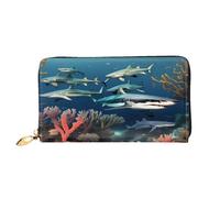 xcoppkj Sharks Under The sea Large Womens Leather Zip Around Wallet - RFID Blocking Checkbook Purse with Coin Compartment & 12 Card Slots