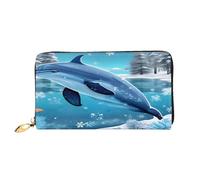 xcoppkj Winter The Dolphin Large Womens Leather Zip Around Wallet - RFID Blocking Checkbook Purse with Coin Compartment & 12 Card Slots