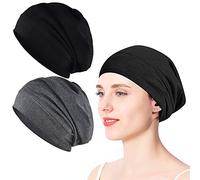 XCOZU 2 Pack Sleep Cap, Satin Bonnet Silk Hair Bonnet, Night Cap Slouchy Breathable Headwear Curly Hair Satin Lined Beanie Chemo Cap Silk Lined Hat for Men/Women(Black, Grey)