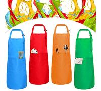 XCOZU 4 Pcs Kids Apron with Pockets, Adjustable Childrens Aprons for Cooking Childs Apron Toddler Kids Painting Apron, Girls Boys Chef Apron Set for Baking Art School(62x46cm, Red/Green/Orange/Blue)