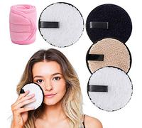 XCOZU 4 Pieces of Washable Makeup Remover Pads with Hair Band Pink Cosmetic, Washable Reusable Microfiber Makeup Remover Pads (Black White Brown)