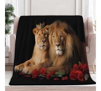 XCQHZYQ Animals Lion Roses Printed Fleece Blanket Black Bed Blanket, Soft Cozy Warm Microfiber Bedding Fluffy Flannel Throw Blankets for Bed Sofa Couch, 100x150 cm