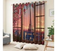 XCQHZYQ Anime Paris City Floral Eyelet Blackout Curtains for Children Bedroom, Red Window Curtains for Nursery, Room Darkening Thermal Insulated for Decor, W66 x L72 inch, 2 Panels