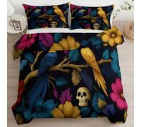 XCQHZYQ Bedding King Size Duvet Cover Sets Day Of The Dead Bird Leaves, Soft Brushed Microfiber Black Bedding Set with Pillowcases, Quilt Cover Set Breathable Hypoallergenic