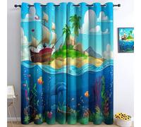 XCQHZYQ Blackout Curtains for Bedroom Living Room Cartoon Style Fish Sailboat Ocean, Eyelet Curtain Thermal Insulated Noise Reducing Drapes Window Treatment 2 Panels for Kids Teens, W46 x L72 inch