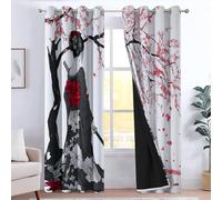 XCQHZYQ Blackout Curtains Japanese Style Geisha Sakura, Printed Kitchen Curtains White Window Drapery Treatments for Bedroom Living Room Nursery Short Window 2 Panels, W46 x L54 inch