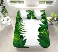 XCQHZYQ Double Fitted Sheet Green Leaves Bed Sheets Extra Deep Pocket 30 cm Soft Microfiber Anti Wrinkle Fitted Sheet 137x190 cm for Double Bed, with 2 Pillowcases