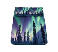 XCQHZYQ Double Fitted Sheet Northern Lights Snow Forest In Lapland Bed Sheets Extra Deep Pocket 30 cm Soft Microfiber Anti Wrinkle Fitted Sheet 137x190 cm for Double Bed, with 2 Pillowcases