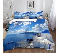 XCQHZYQ Duvet Cover Bedding Set Single 135x200 cm Santorini Greece Blue Soft Polyester Cotton Printed 3 Pcs Bedding Bed Set Fade and Wrinkle Resistant Duvet Cover Sets