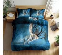 XCQHZYQ Emperor Duvet Cover Set Ice Cubes Lightning Animal White Tiger Bedding Set 3pcs with Zipper Closure, Blue Reversible Microfiber Quilt Cover 290x235 cm and 2 Pillowcases 50x75 cm