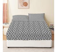 XCQHZYQ Fitted Bed Sheets Double Black And White Geometric Pattern Bedding Double Fitted Sheet 137x190 cm Soft Breathable Durable Mattress Cover Strong Elastic Hem with 2 Pillowcases