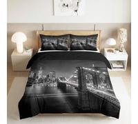 XCQHZYQ King Size Duvet Cover Set Black White NYC Bedding Set | Brooklyn Bridge Skyline 3-Piece Print Duvet Set Soft Microfibre Reversible Quilt Cover with Pillow Cases, for All Seasons