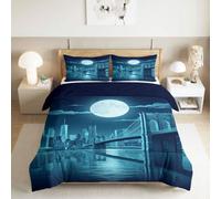 XCQHZYQ NYC Night Scenery Double Duvet Cover Set with Pillowcases | Premium Brushed Microfiber Ultrasoft Non Iron Reversible Quilt Cover Brooklyn Bridge Bedding Set with Zipper Closure