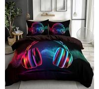 XCQHZYQ Single Duvet Cover Set 135x200 cm Colorful Sound Wave Headphones Black Printed Kids Bedding Set with Pillowcase, Soft Polycotton Lightweight Quilt Cover for Kids Boys Girls Room Decor