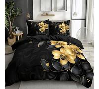 XCQHZYQ Super King Size Duvet Cover Sets 260x220 cm Black Gold Magnolia Flower 3 Piece Bedding Soft Brushed Polycotton Printed Quilt Cover Reversible Bedding Set with Pillows Case