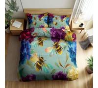 XCQHZYQ Toddler Bedding Set, Duvet Cover Super Soft Warm Cosy Retro Flowers Bees Pattern Cot Bedding for Girls Boys, Light Green Reversible Junior Duvet Cover Set - Cot Bed 120x150 cm