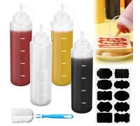 XCRPRT Sauce Squeeze Bottle 500ml with Cap, 4PCS Plastic Squeeze Bottle Dispenser, Squeezy Squirt Bottles with Cleaning Brush Sticker for Condiments, Seasoning, Ketchup, Mustard, Mayo, Olive Oil