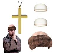 XCSJ Wig Monk, 4 Pieces, Monk Costume Set, Wig Monk Tonsure Priest, Latex Half Straight Wig, Medieval Monk Costume, Funny Wigs for Halloween, Cosplay, Party, Carnival, (Brown)