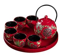 XCTLZG Tea Sets Tea Gift Set Service Chinese Red Porcelain Tea Pot With 6 Cups and Tea Tray for Adults Men Women Tea Ceremony for Wedding Party
