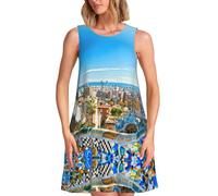 Xcwzbls Spain Water City Women's Sleeveless Dress Round Neck Casual Dress with Pockets Beach Daily Travel Gatherings Black