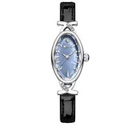 XCZAP Elegant Retro Oval Leather Women's Watch - Exquisite Mother of Pearl dial, Waterproof Quartz Movement Watch, Exquisite Diamond Decoration (Black Silver Blue)
