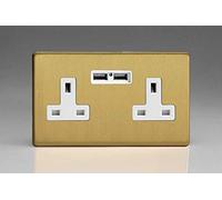 XDB5U2WS Varilight 2 Gang, 13 Amp Unswitched Socket with 2 Optimised USB Charging Ports, White Insert. Dimension Screwless Brushed Brass Effect