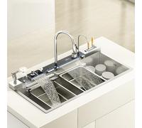 XDCXYD Large Capacity Kitchen Sink with Integrated Faucet 100 * 50 CM Stainless Steel Sink with Digital Display Tool Holder(Sliver)