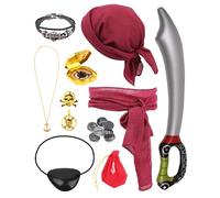XdealCozyxc 11 Pcs Pirate Costume Accessories Set, Bandana Waist Belt Eye Patch Necklace Bracelet Ring Earrings Money Bags and Coins Sword Compass for Adult Kids Dress Up Party