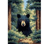 XDEGHUANGSS Beginner-Friendly Adult Latch Hook Rug Kit,Black Bear in Forest,DIY Pre-Printed Carpet Making Starter Set,Creative Needlework,Gift for Family & Craft Enthusiasts