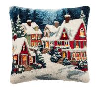 XDEGHUANGSS Beginner Latch Hook Cushion Kit,Easy DIY 43x43 cm (17") Square Pillow Cover,Complete Set with Tool & Pre-Sorted Yarn,Christmas Town Pattern,Relaxing Craft Project