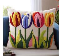 XDEGHUANGSS Beginner Latch Hook Kits Pillow Cover Set Sofa Cushion Latch Hooking Carpet Rug Acrylic Yarn Printed Pillowcase Craft Kits with Tools Sofa Decor Gift,17x17 in,Tulip Flowers