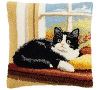 XDEGHUANGSS Black and White Cat Latch Hook Cushion Kit for Beginners - DIY Handmade Pillowcase Sofa Cushion Cover, Home Decoration Yarn Craft Gift Set,43x43 cm